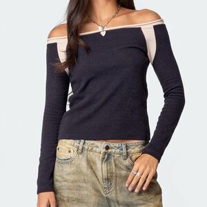 Navy off the shoulder waffle Y2K long sleeve top